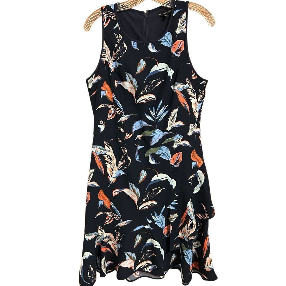 Banana Republic Navy Floral Print Ruffle Sleeveless Dress Women’s Size 10